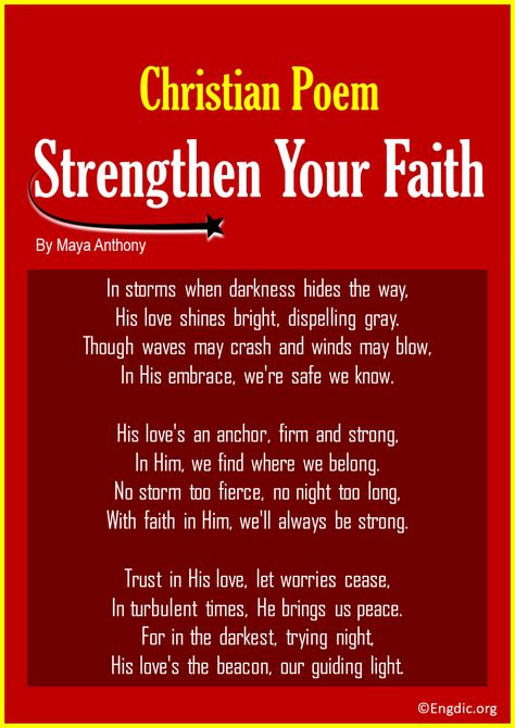 Delve into the soul-stirring realm of Christian poetry with our curated list of 30 inspiring verses. Each poem is a beacon of hope, illuminating the profound connection between faith and the written word. Let these poetic masterpieces uplift your spirit and strengthen your bond with the Divine. Christian Poems to Strengthen Your Faith 1. Anchored in His Love This poem speaks to the unwavering love of God. It emphasizes how God’s love serves as an anchor, holding us steady even in the... Gospel Poems, Church Poems, Happy Birthday Poems, Poems Cute, Long Poems, Cute Poems, Hope Poems, Inspiring Verses, Christian Poetry