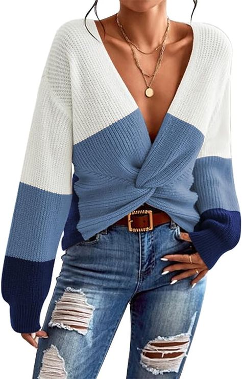 Autumn Fashion Trends, White Sweater Top, Cute Outfits Winter, Crossover Sweater, Knitwear Trends, Casual Pullover Sweater, Cropped Knit Sweater, Sweater Tops, Blue Jumper