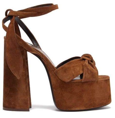 Saint Laurent - Bianca Suede Platform Sandals - Womens - Tan Bride Sandals, Types Of Sandals, Block Heel Platform Sandals, Strap High Heels, Chunky Heel Shoes, Platform High Heel Shoes, Ankle Strap High Heels, Platform Block Heels, Retro Mode