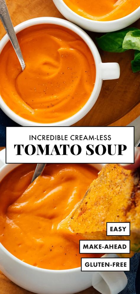 Meet the BEST homemade tomato soup recipe! It's easy to make with basic ingredients, plus it's creamy yet magically cream-less! This soup is gluten free, vegetarian and easily made vegan. #tomatosoup #souprecipe #easyrecipe #cookieandkate Best Homemade Tomato Soup, Sweet Potato Carrot Soup, Easy Soup Recipes Healthy, Homemade Tomato Soup Recipe, Homemade Tomato Soup, Tomato Soup Easy, Tomato Soup Homemade, Tomato Soup Recipe, Recipe Soup