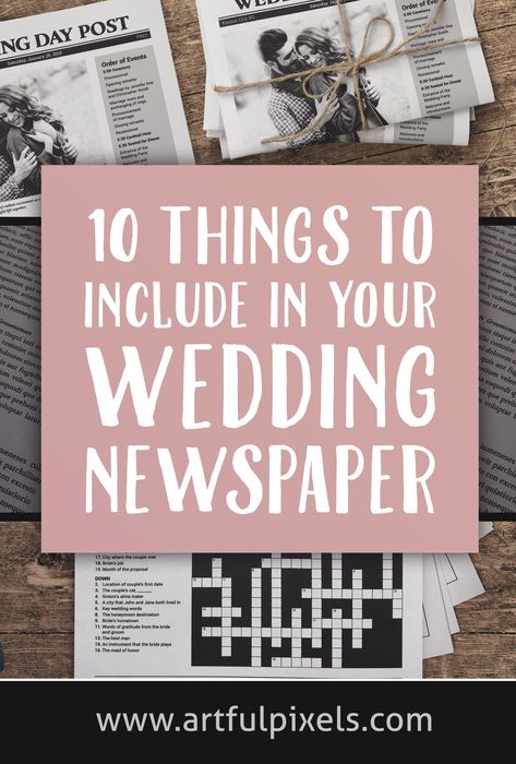 10 unique and fun ways to make your wedding newspaper program more memorable for your guests! Includes ideas of what to write about and lots of inspiration. #brunchwedding #weddingnewspaper #customnewspaper #luxurywedding #weddingprograms #stationerydesigner #dayofstationery #uniquewedding #receptionideas #newspaperprogram #funwedding #weddinginspo Newspaper Wedding Programs Diy, Wedding Program Newspaper Template, Wedding Welcome Bag Newspaper, Custom Newspaper Wedding, Wedding Day Newspaper Cute Ideas, Newspaper Themed Wedding, Wedding Newspaper Ideas Unique, Wedding Newspaper Ideas Ceremony Programs, Fun Wedding Program Ideas