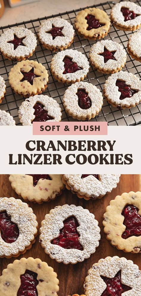 These cranberry linzer are made with cut-out almond cookies flecked with dried cranberries with homemade cranberry jam sandwiched in the middle. They're tart, fruity, and get softer the next day for the perfect texture! Cranberry Linzer Cookies, Fresh Cranberry Cookies Recipes, Christmas Party Recipes, Cranberry Cookies Recipes, Linzer Cookies Recipe, Cranberry Jam, Christmas Cookie Box, Thyme Recipes, Linzer Cookies