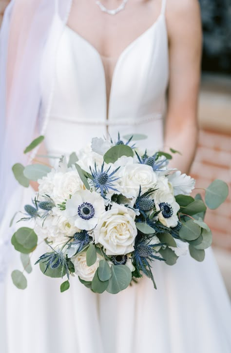 White With Blue Bridal Bouquet, Blue Thistle Bridal Bouquet, White Rose And Blue Flower Bouquet, Dusty Blue And Navy Bridal Bouquet, Dusty Blue White And Greenery Bouquet, Navy Blue And White Bouquet Wedding, Slate Blue Bouquet, Blue And Grey Bouquet, White Bouquet With Blue Thistle