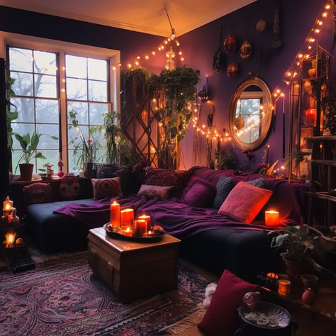 Night Aesthetic Living Room, Electric Goth Decor, Sitcom Living Rooms, Dark Eclectic Home Decor, Purple Moody Living Room, Grunge Living Room Ideas, Cozy Goth Living Room, Dark Orange Room Aesthetic, Purple Sitting Room Ideas