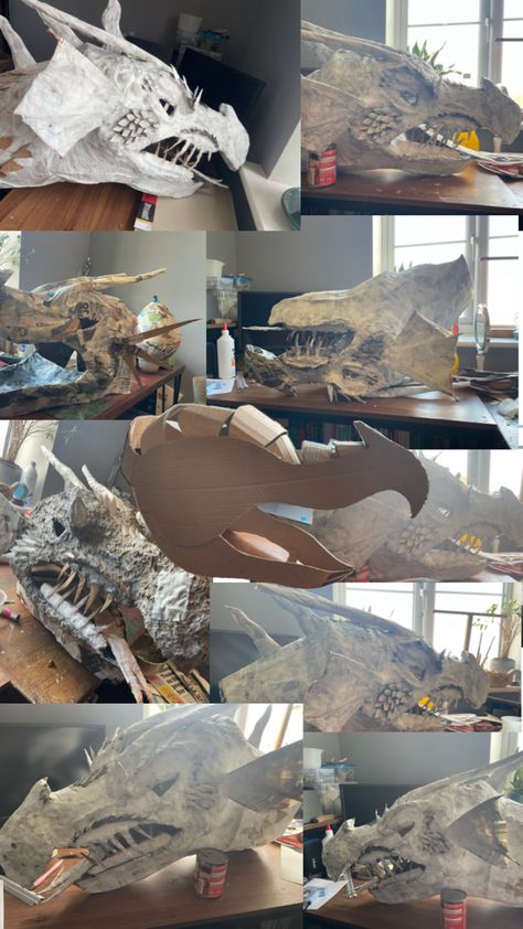 Cardboard l, detailed, cheap way to make a prop! Maleficent Dragon, Dragon Chino, Cardboard Crafts Diy, Dragon Crafts, Cardboard Sculpture, Clay Dragon, United Way, Dragon Head, Cardboard Crafts