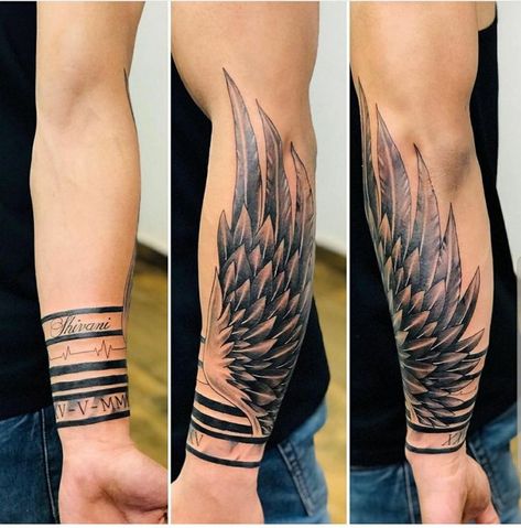 Forearm Wing Tattoo Men, Wing Tattoo Men Arm, Wings Forearm Tattoo, Wing Sleeve Tattoo, Creative Tattoos For Men Inspiration, Angel Wings Tattoo Forearm, Forearm Wing Tattoo, Wing Tattoo Arm, Alas Tattoo