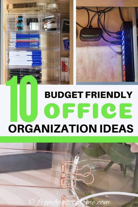 These desk organization ideas are perfect if you're on a budget but still want to organize your office and have it look chic. I love all the rose gold desk accessories. #fromhousetohome #deskorganization #homeoffice #organizing  #officeorganization #homeofficedecorandorganization Rose Gold Desk, Pegboard Baskets, Office Organization Ideas, Desk Organization Ideas, Magnetic Spice Tins, Diy Clipboard, Gold Office Supplies, Organized Desk, Gold Desk Accessories