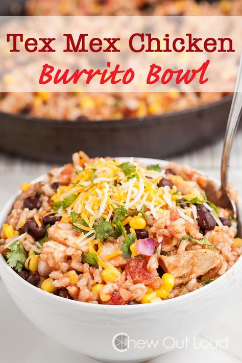 This Tex Mex Chicken Burrito Bowl is healthy, delicious, and easy. Brown rice improves the health factor without sacrificing any flavor. It's everything you love about a chicken burrito, in a bowl. Tex Mex Chicken, Burrito Bowls Recipe, Bowls Recipes, Bowl Meals, Chicken Chopped Salad, Chicken Burrito Bowl, Chicken Burrito, Burrito Bowls, Chicken Burritos