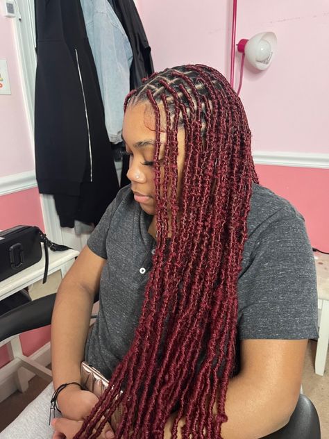 Burgundy Soft Locs With Curls, Red Loc Extensions, Burgundy Goddess Locs, Dark Red Soft Locs, Burgundy Soft Locs Black Women, Red Soft Locs Black Women, Dark Burgundy Locs, Burgundy Boho Locs, Burgundy Faux Locs Black Women