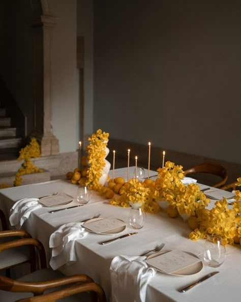 and it was all yellow / an intimate elopement in Lisbon xoxo photographer @kristinpiteophoto florals @ohmariaflores hmua @mubybalu… | Instagram White And Yellow Table Setting, Yellow Cocktail Aesthetic, Yellow Flower Decor, Yellow Floral Installation, Elopement Dinner Table, Unique Wedding Tablescapes, Yellow Wedding Florals, Unique Wedding Florals, Mustard Yellow Wedding Theme