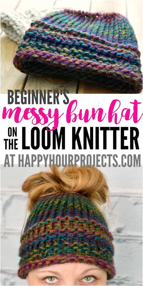 Loom Knitting Patterns Hat, Loom Knitting For Beginners, Messy Bun Hat Pattern, Round Loom Knitting, Circle Loom, Loom Hats, Loom Knitting Tutorial, Loom Knit Hat, Loom Knitting Stitches