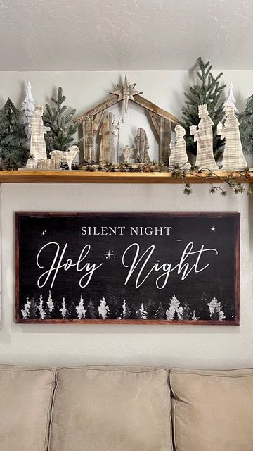 Christmas Navity Decor, Silent Night Table Decor, Nativity Scene Set Up Ideas, Nativity Christmas Decor Ideas, Christmas Decor Ideas Nativity, Nativity Theme Christmas Decor, Mantel Nativity Scene Display, Hobby Lobby Nativity Scene, Nativity Display Ideas Holidays