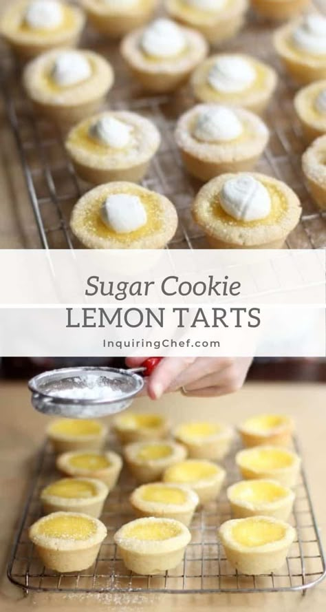 You'll love these simple, fresh lemon tarts with no finicky crusts. Just bite-sized lemony-goodness with a sweet cookie crust. Easy Lemon Tarts, Cookie Tarts Recipes, Lemon Tarts Mini, Sugar Cookie Tarts, Lemon Cookie Cups, Cookie Tarts, Mini Lemon Tarts, Cookie Tart, Tart Cookies