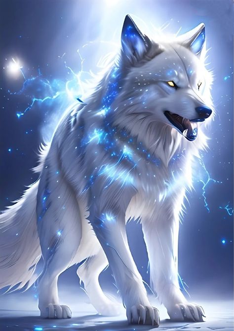 A Wolf, White Wolf, Stars, Blue, White