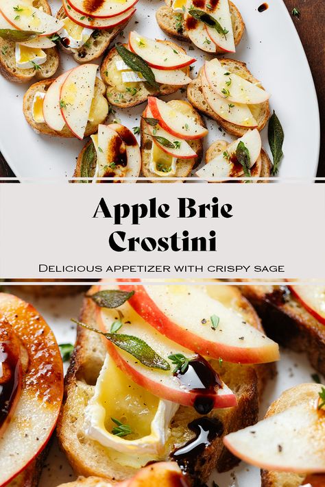 This Apple Brie Crostini is a delicious appetizer, perfect for fall and winter, and especially the holiday season! These little brie bites are crispy, cheesy, savory, and a little sweet. They're easy to make, simple but fancy, and perfect for a crowd. Brie And Apple Crostini, Apple Brie Honey Crostini, Apple & Brie Crostini With Hot Honey, Thanksgiving Appetizers Crostini, Apples And Brie, Brie Snack Ideas, Apple Crostini Appetizers, Apple And Brie Crostini, Brie Apple Honey Crostini