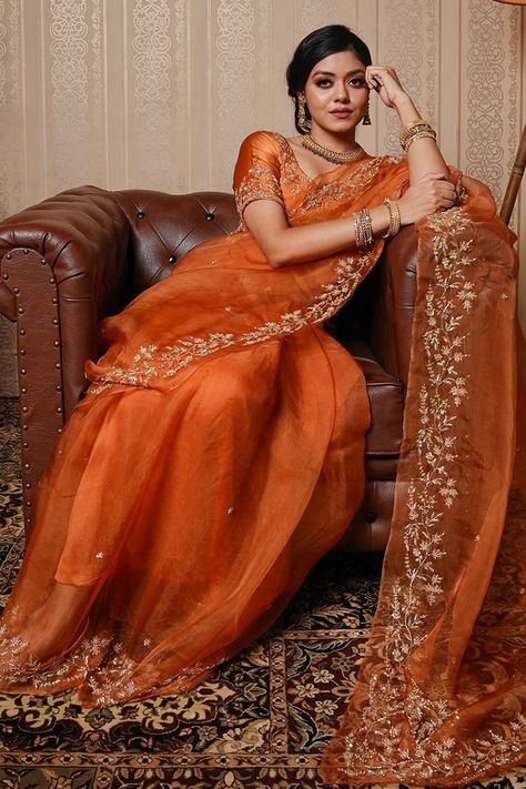 Blouse Satin, Brocade Saree, Simple Saree Designs, Saree Looks, Orange Saree, Simple Sarees, Border Saree, Saree Designs Party Wear, Indian Fashion Saree