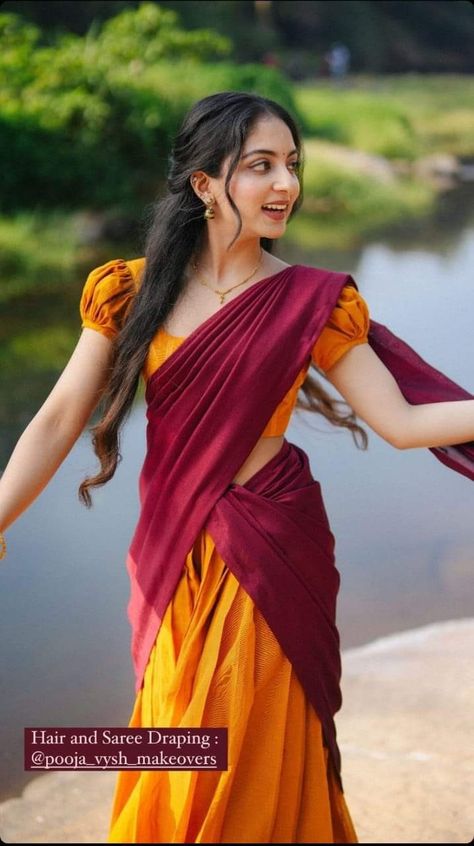 Half Saree Photo Poses, Half Saree Poses At Home, Half Saree Kerala Style, Half Saree Photoshoot Poses, Half Saree Poses Photoshoot Ideas, Vintage Saree Photoshoot, Simple Half Saree, Half Saree Poses, Ishaani Krishna