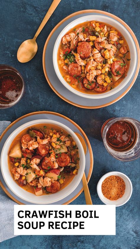 Two bowls of Tony Chachere's Crawfish Boil Soup After Boil Soup, Crawfish Boil Soup, Crawfish Soup, Cajun Meals, Cajun Ninja, Seafood Photography, Cajun Boil, Crawfish Recipes, Louisiana Food