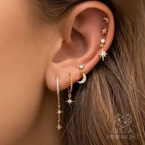 Dainty Silver Earring Stack, Piercing Stack, Aesthetic Earring, Celestial Earring, Stack Earrings, Gold Earrings Set, Earring Piercing, Earring Cartilage, Earring Stack