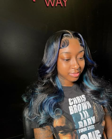 Blue And Black Sew In Weave, Sew In With Color, Birthday Hair Ideas, Royal Blue Hair, Bday Hair, Curly Hair Drawing, Birthday Hairstyles, Wig Colors, Dyed Hair Inspiration