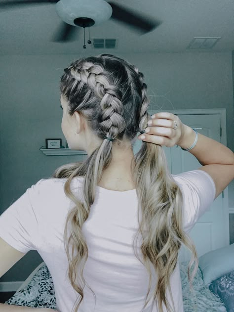 Braid With Pigtails, Dutch Braids To Ponytail, 2 French Braids Into Ponytail Hairstyles, Simple Hairstyles For Picture Day, French Pigtails, Chunky Dutch Braid, Dutch Braids Ponytail, Pigtail Dutch Braids, Dutch Pigtails