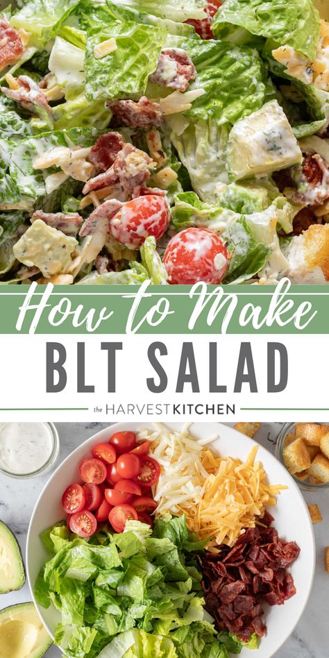 This easy chopped BLT Salad recipe is crowded with crispy lettuce, turkey bacon, juicy tomatoes, creamy avocado, cheese and homemade croutons. We toss this bacon lettuce tomato salad in a delicious creamy Ranch Dressing that makes this salad out-of-this-world delicious! Bacon Lettuce And Tomato Salad, Keto Salads For A Crowd, Different Lettuce Salads, Blt Salad Recipe Dressing, Blt Lettuce Salad, Salad In A Bag Recipes, Turkey Bacon Salad, Best House Salad Recipes, Cold Lettuce Salad Recipes