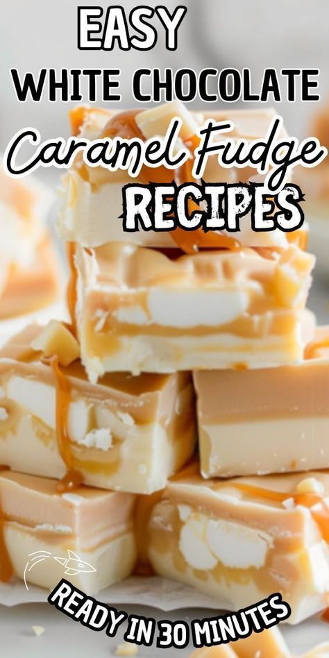 Easy White Chocolate Caramel Fudge recipe. Imagine smooth, creamy white chocolate mingled with ribbons of luscious caramel, creating a delightful confection that melts in your mouth. Whether you're craving a sweet treat for yourself or looking to impress guests at a gathering, this fudge is Chocolate Caramel Fudge Recipe, Carmel Fudge, Caramel Fudge Recipe, Chocolate Caramel Fudge, White Chocolate Caramel, Sweet Bars, White Chocolate Fudge, Fudge Recipes Chocolate, Salted Caramel Fudge