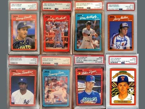 In 1990 Donruss released its largest collection of baseball cards ever, containing 716 cards. The 1990 set was ladened with printing texts and errors, it has many error versions and corrected error versions. It contained All-Stars, Bonus Most Valuable Players, checklists, Diamond Kings, Grand Slammers, and Rated Rookies. The Donruss 1990 set of cards is easily recognizable because of their red borders. #DonrussBaseballCards Baseball Card Values, Bernie Williams, Larry Walker, Old Baseball Cards, King Card, Don Mattingly, Nolan Ryan, Bo Jackson, Ken Griffey Jr.