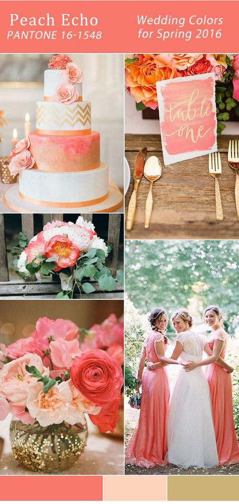 gold and coral peach echo Pantone wedding color trends 2016 Peach And Pink Wedding, Pantone Wedding Colors, 2016 Wedding Trends, Peach Echo, Pantone Wedding, Wedding Themes Spring, Coral Colors, Wedding Color Trends, Wedding Color Palettes