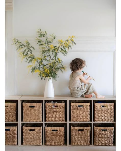 Modern Toy Storage Bedroom, Neutral Playroom Storage, Contemporary Toy Storage, Farmhouse Playroom Storage, Ikea Storage Playroom, Dining Room Toy Storage, Chic Toy Storage, Kids Toy Storage Living Room, Pretty Toy Storage