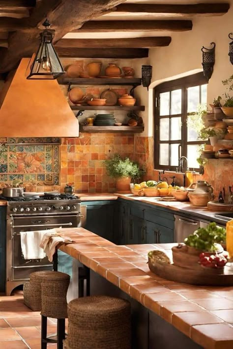 Kitchen Spanish Tiles, Italian Tiles Kitchen, Italian Countryside Kitchen, Rustic Italian Decor Tuscan Style, Spanish Tiles Kitchen, Spanish Style Kitchen Mexican Hacienda, Spanish Villa Kitchen, Italian Kitchen Aesthetic, Tuscan Farmhouse Kitchen