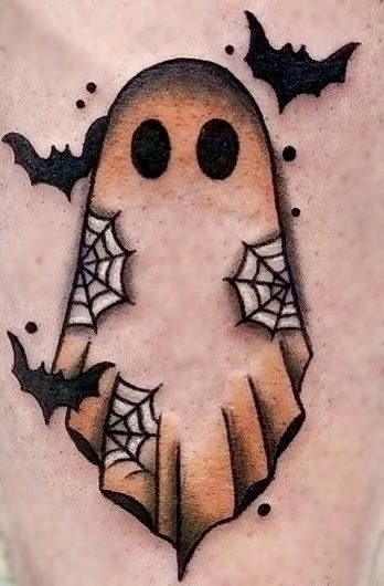 Pretty Horror Tattoo, Glitter Bat Tattoo, Halloween Filler Tattoo, Ghost With Pumpkin Tattoo, Eerie Tattoos, Goosebumps Tattoo, Coffin Tattoo Design, Halloween Tattoos For Women, Ghost Tattoo Design