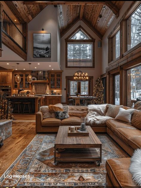 Dream Home Living Room Luxury, Cozy Mansion Living Room, Log Cabin House Aesthetic, Montana House Interior, Lodge Home Interior, Mountain Cabin Design, Montana Style Homes, Cozy Cabin Aesthetic Living Room, Log House Living Room