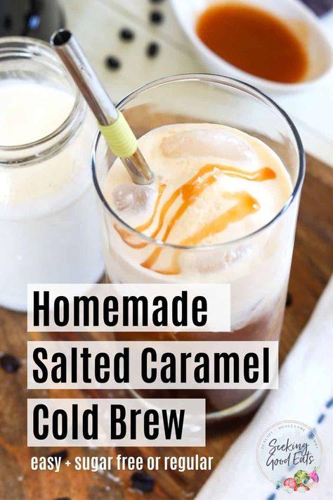 This Salted Caramel Cream Cold Brew recipe is a coffee treat! Sweetened to perfection with rich caramel syrup then topped with our homemade salted cream cold foam - only 5 minutes to make and at a fraction of the cost! This is our take on Starbuck's version - only there is no line to wait in and you can make it in your PJs! 😊 Salted Caramel Cream Cold Brew, Caramel Cream Cold Brew, Salted Caramel Cold Brew, Caramel Cold Brew, Brew Coffee Recipe, Javy Coffee, Nespresso Recipes, Cream Cold Brew, Cold Brew Coffee Recipe