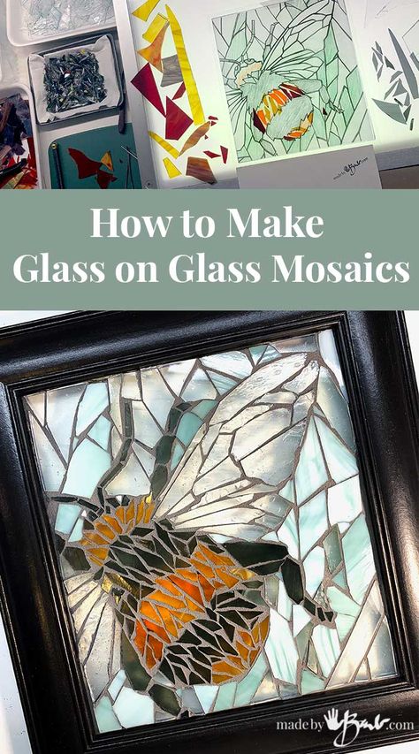 How to Make Glass on Glass Mosaics - Made By Barb - tutorial Stained Glass Diy Tutorials, Glass Mosaic Diy, Stained Glass Mosaic Patterns, Broken Glass Crafts, Stained Glass Mosaic Art, Mosaic Art Diy, Mosaic Art Projects, Mosaic Stained, Mosaic Tile Art