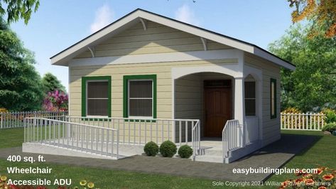 400 square foot, wheelchair accessible, one bedroom cottage plans Wheelchair Accessible Tiny Home, Wheelchair Accessible House Plans, Wheelchair House Plans, Mother In Law Quarters, Wheelchair House, Accessible House Plans, Accessible Homes, Adu Plans, Mother In Law Cottage