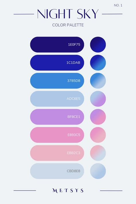 { #colorpalette #colors #designers #design #night #nightsky } Procreate Gradient Color Palette, Sky Palette Color, Bright Pallete Color, Space Pallete Color, Galactic Color Palette, Night Sky Colour Palette, Comfort Color Palette, Sky Pallete Color, Space Color Pallet