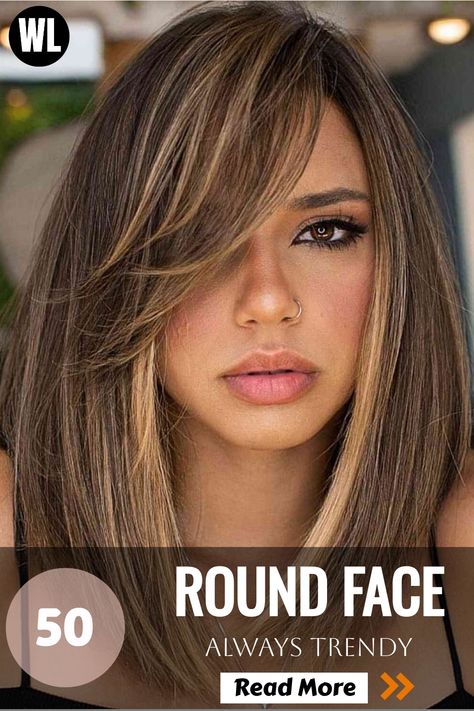 Side-swept bangs for round faces, adding length and balance Side Bangs For Round Face Long Hair, Round Face Haircuts Side Part, Straight Shoulder Length Hair Round Face, Round Face Lob Haircut, Haircuts For Round Faces Long Hair, Bangs For Round Face Medium Length, Side Bangs Round Face, Long Haircuts For Round Face Shape, Side Bangs For Round Face