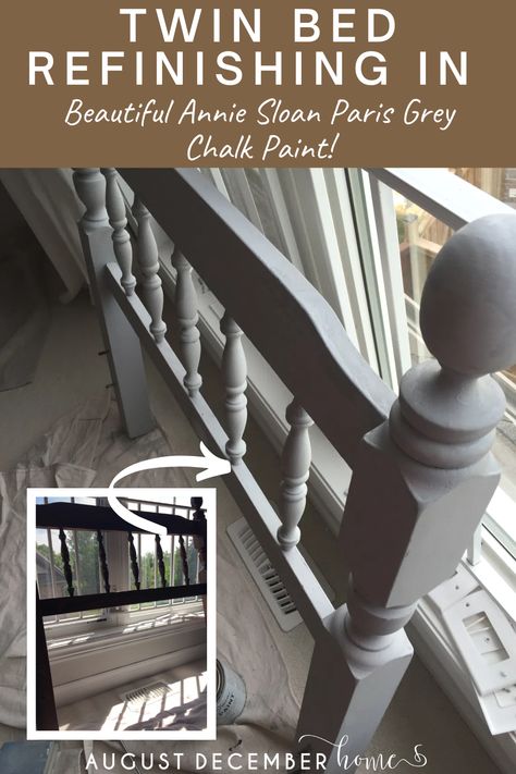 TWIN BED REFINISHING IN ANNIE SLOAN PARIS GREY CHALK PAINT Twin Bed Makeover, Chalk Paint Bed, Iron Twin Bed, Twin Bed Size, Wood Twin Bed, Annie Sloan Paris Grey, Grey Chalk Paint, Big Girl Bed, Bed Makeover