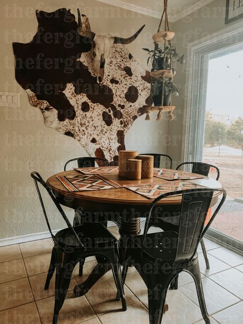 Cowhide decor. Faux cowhide. Skull. Aztec decor. Aztec home. Western home. Southwestern decor. Western Apartment Decor, Western House Ideas, Western Dining Room, Western Living Room Decor, Western Kitchen Decor, Western Living Room, Ranch House Decor, Western Bedroom Decor, Western Rooms