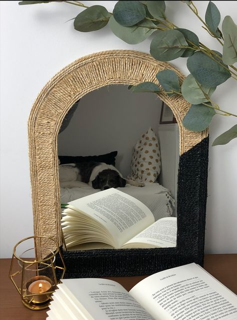 Mirror Decor Diy Frame, Rattan Mirror Diy, Diy Wall Mirror Decor, Diy Rattan Mirror Frame, Boho Mirror Makeover, Rectangular Mirror Decor Diy, Boho Mirror Frame, Upcycling Mirrors Frame Ideas, Frame Mirror Diy