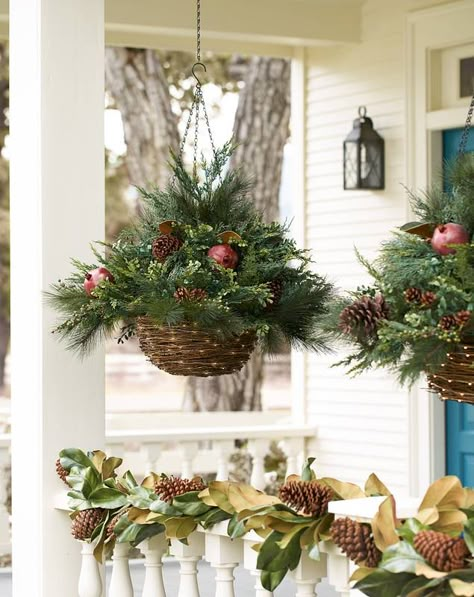 Hanging Basket Winter Hanging Baskets, Christmas Hanging Baskets, Christmas Outdoor Decor, Outside Christmas Decorations, Christmas Planters, Christmas Porch Decor, Christmas Hanging, Christmas Outdoor, Christmas Porch