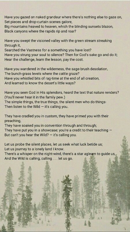 The Call of the Wild - Robert Service. "There's a whisper on the night-wind, There's a star agleam to guide us, And the Wild is calling, calling, Let us go." Call Of The Wild Quotes, Nature Adventure Quotes, Robert Service Poems, The Locked Door, Macro Food, Smartass Quotes, Nature Poem, Isle Royale National Park, The Call Of The Wild