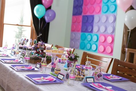 Dining Tablescape from a Girl Themed Lego Party via Kara's Party Ideas | KarasPartyIdeas.com (24) Girly Lego Birthday Party, Lego Themed Birthday Party Girl, Lego Friends Birthday Party Ideas, Lego Birthday Party Girl, Girl Lego Birthday Party, Turquoise Tablescape, Lego Girls Birthday Party, Lego Friends Party Ideas, Girls Lego Party