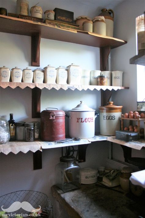 How to recreate a Victorian pantry - vintage larders can be much more practical for storing your food than kitchen cupboards. Read my blog post to see how to get the look. #victorianpantry #vintagepantry #vintagekitchenalia #victorianlarder #pantrydesign #pantrymakeover Pantry Vintage, Vintage Pantry, Diy Pantry Organization, Basement Flat, House Victorian, Modern Home Decor Kitchen, Pantry Makeover, Victorian Interior, Victorian Interiors