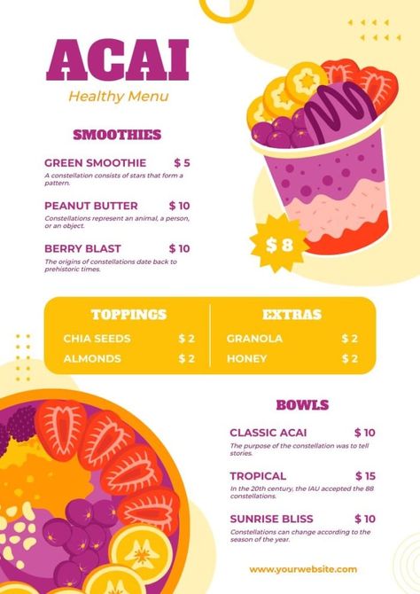 Menú de smoothies y bowls de acai sencillo plano Acai Bowl Branding, Acai Menu Design, Acai Bowl Menu Design, Açai Recipes, Acai Business, Smoothie Menu Design, Acai Recipes, Businesses Ideas, Food Commercial