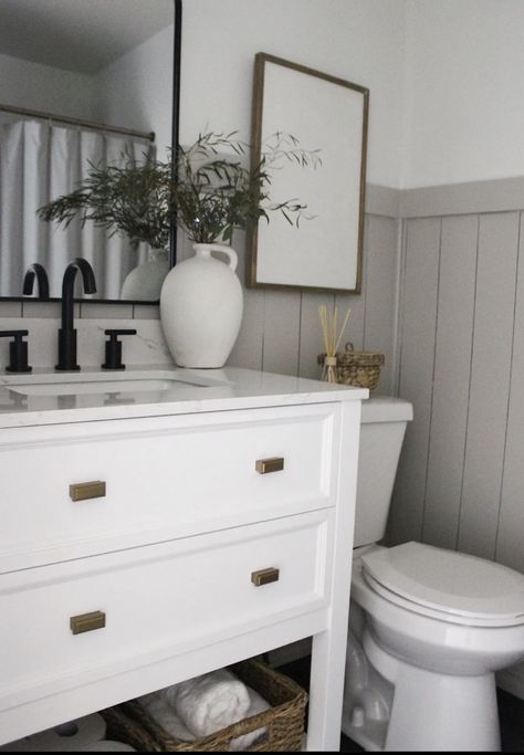 Modern Neutral Bathroom, Greige Bathroom, Guest Bathroom Renovation, Closet Door Makeover, Shiplap Bathroom, Bifold Closet Doors, Neutral Bathroom, White Vanity Bathroom, White Vanity