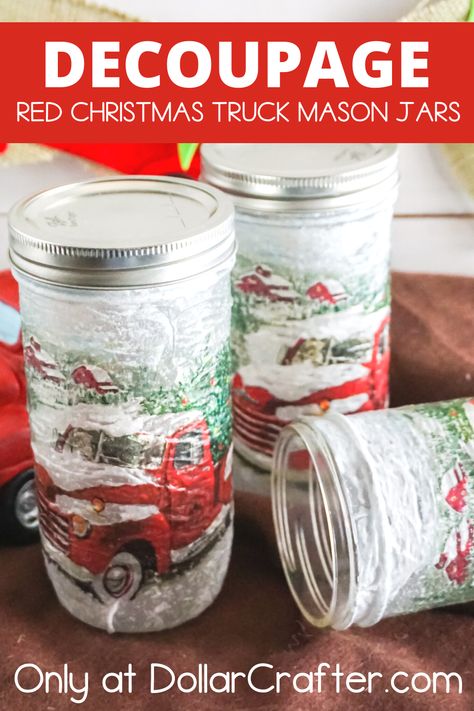 Mason Jar Ideas For Christmas, Christmas Decor With Mason Jars, Christmas Glass Jar Ideas, Snowman Jars Diy, Lighted Mason Jars, Red Truck Diy Crafts, Xmas Mason Jars, Glass Christmas Tree Jar, Glass Jar Christmas Crafts