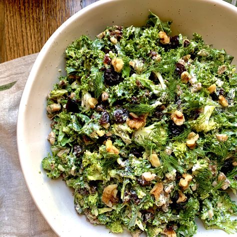 Broccoli Salad with Shredded Kale, Dried Cherries and Walnuts by Megan Mitchell Arugula Pasta, Walnuts Recipe, Megan Mitchell, Tart Cherries, Walnut Recipes, Walnut Salad, Dried Cherries, Toasted Walnuts, Broccoli Salad