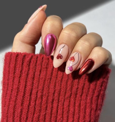 Chrome Valentines Nails, Balloon Nails, Cute February Nails, Nail Inspo Unique, Trendy Valentines Day Nails, Feb Nails, Nails Valentines Day, 3d Chrome, Nails Valentines